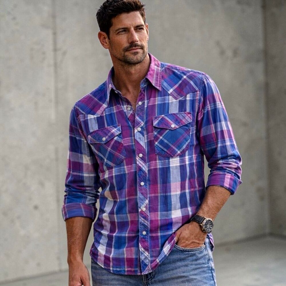 Big Country 1X Western 90s Shirt Pearl Snap Plaid Blue Purple Retro Ranch Cowboy